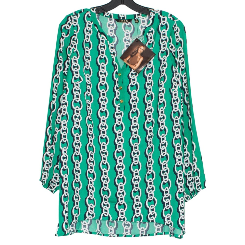 NWT IMAN Top Popover Chain Print Boho‎ Grunge Retro Statement Bold Green Small